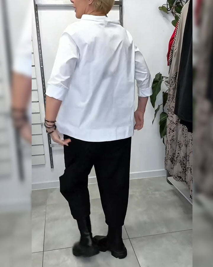 100% Cotton Blouse Wide Collar Solid Color Casual
