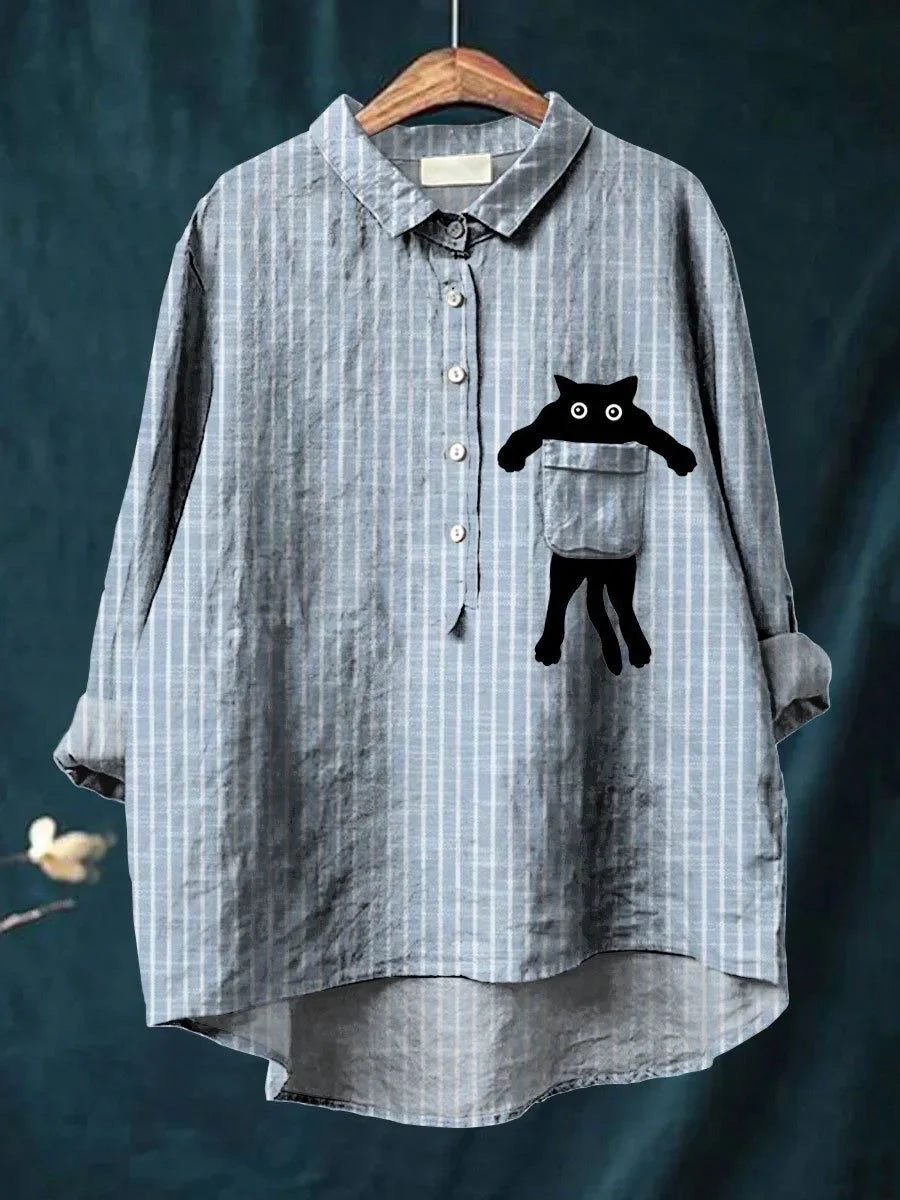 TILLY – STRIPED PEEKABOO CAT LINEN SHIRT