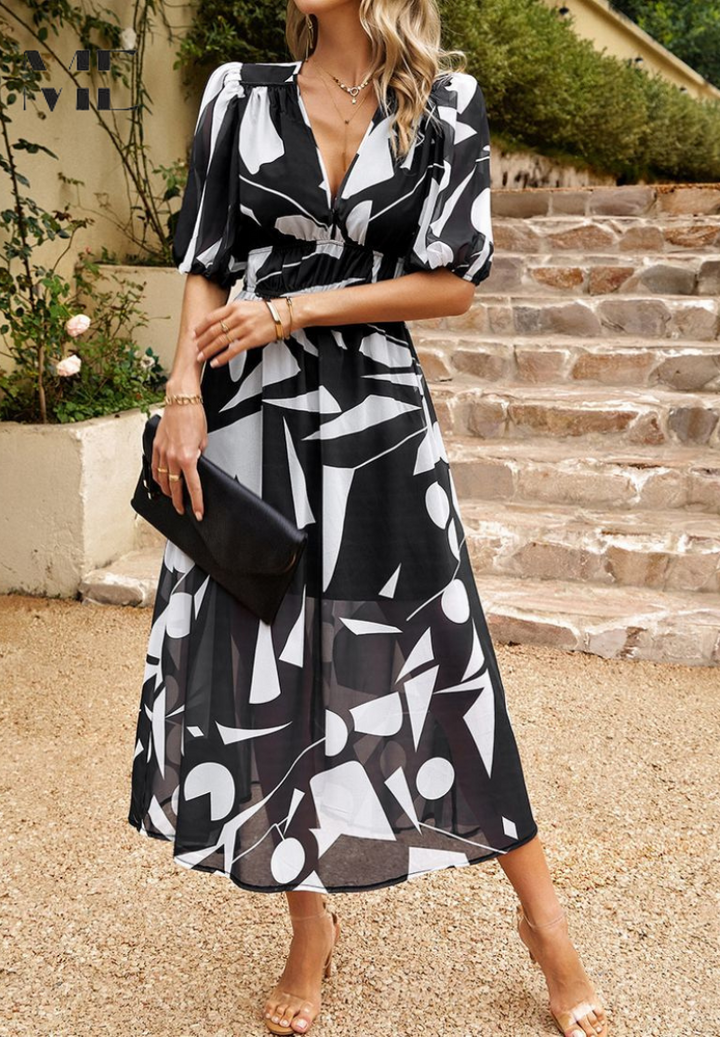 Monica | Floral Midi Dress with Puff Sleeves