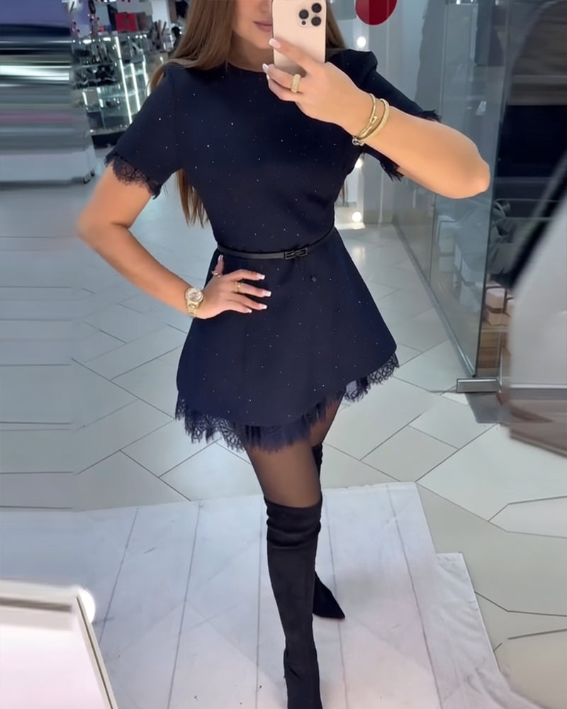 Shimmering Lace Dress with Short Sleeves and A-Line Cut