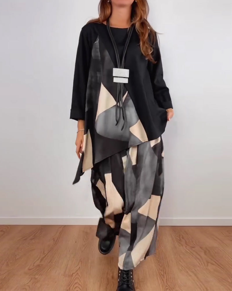 Casual Geometric Printed Two-Piece Set Wide Pants