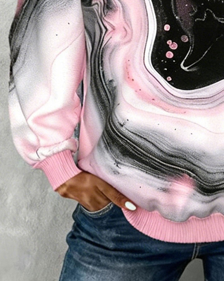 Revers Collar Button Printed Sweatshirt Long Sleeve