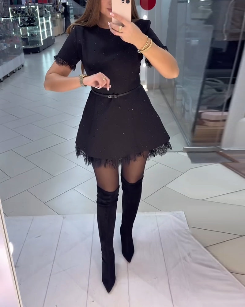 Shimmering Lace Dress with Short Sleeves and A-Line Cut