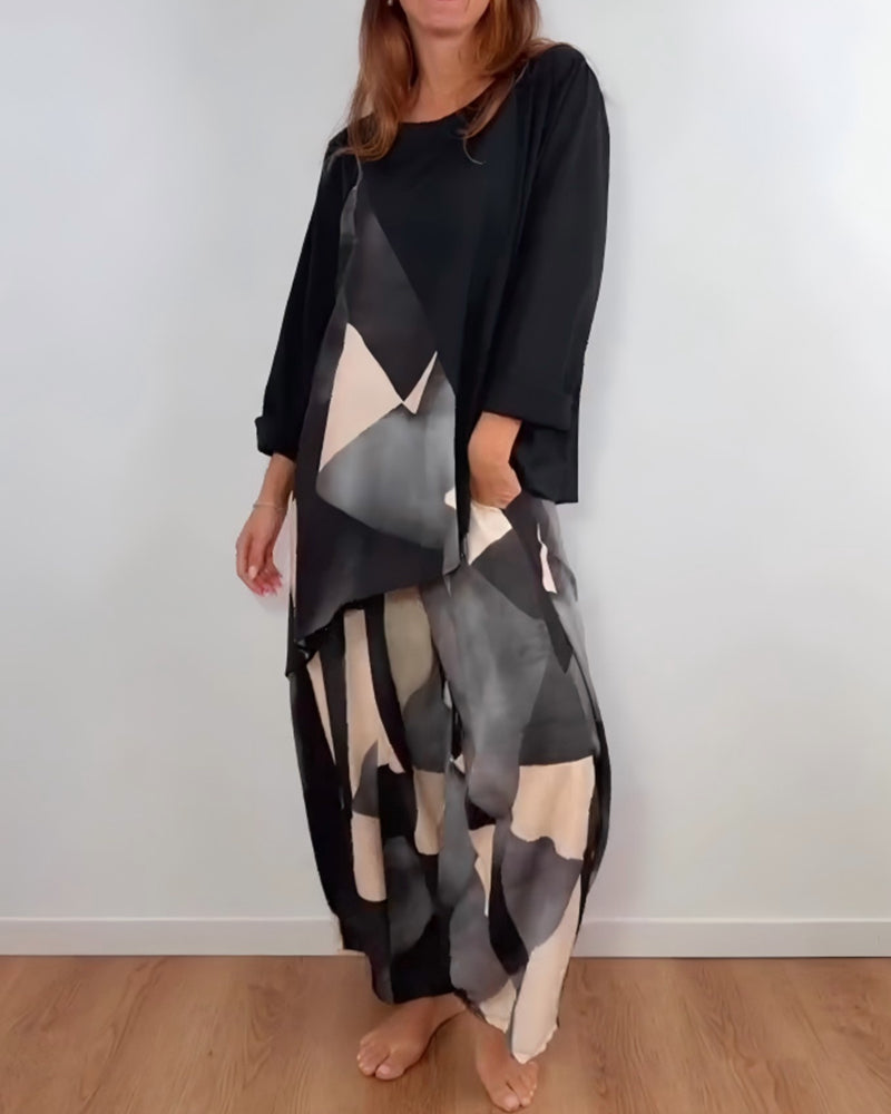Casual Geometric Printed Two-Piece Set Wide Pants