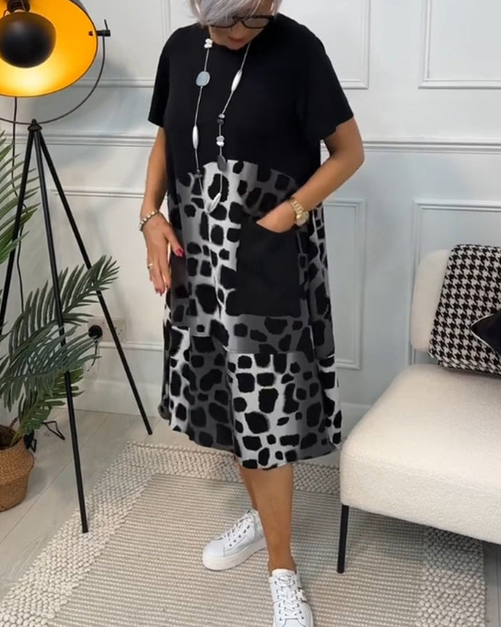 Printed Short Sleeve Dress with Round Neck