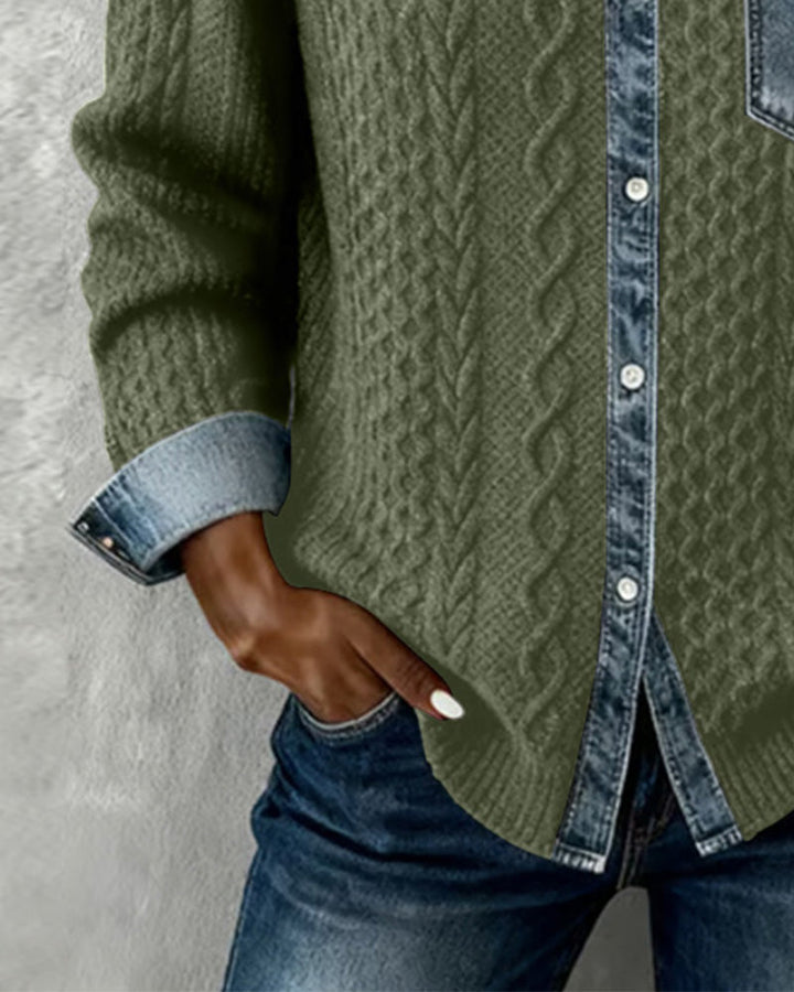 Long Sleeve Patchwork Denim Shirt