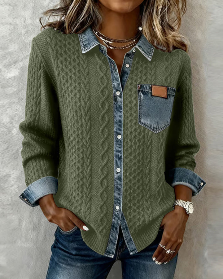 Long Sleeve Patchwork Denim Shirt