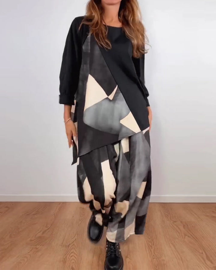 Casual Geometric Printed Two-Piece Set Wide Pants