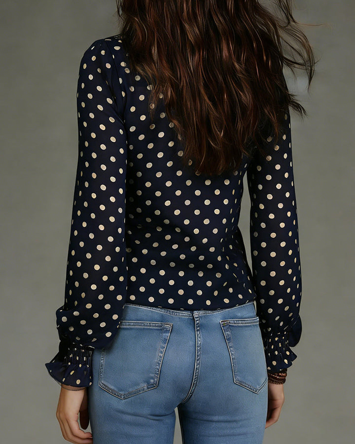 Polka Dot Ruffled Half-Zip Blouse