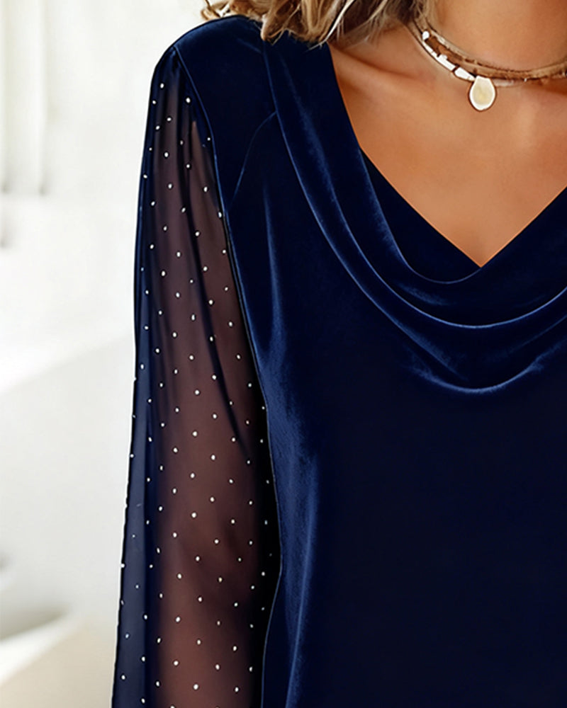 Draped Neck Patchwork Top Long Sleeves