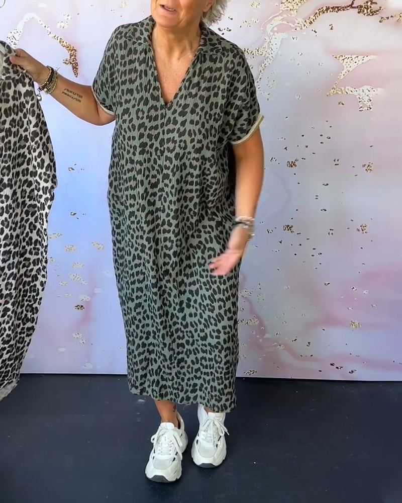 Short Sleeve Leopard Print Dress with V-Neck
