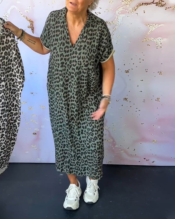 Short Sleeve Leopard Print Dress with V-Neck