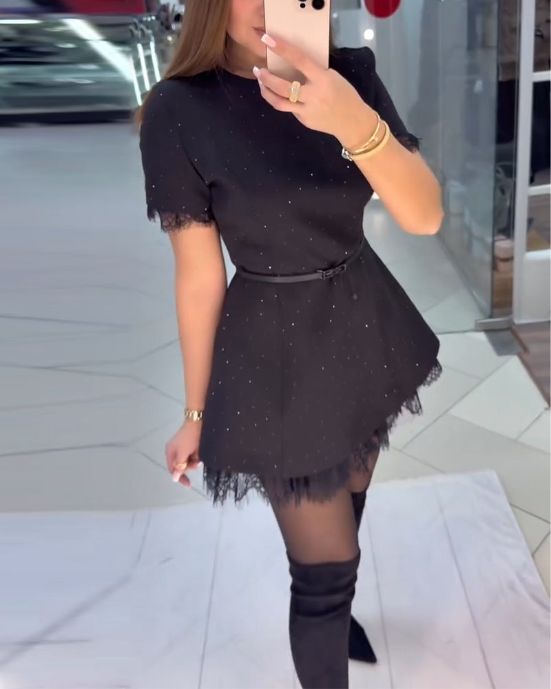 Shimmering Lace Dress with Short Sleeves and A-Line Cut