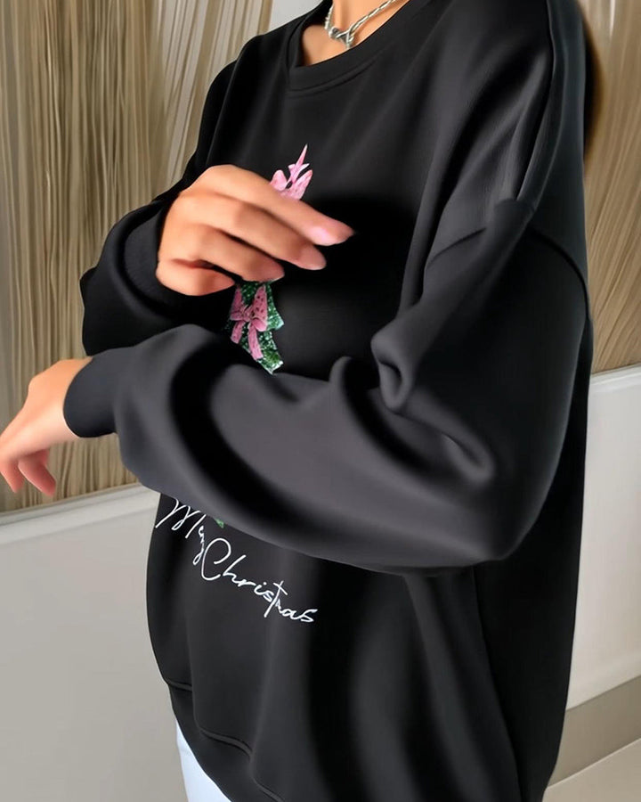 Round Neck Long Sleeve Christmas Print Sweatshirt