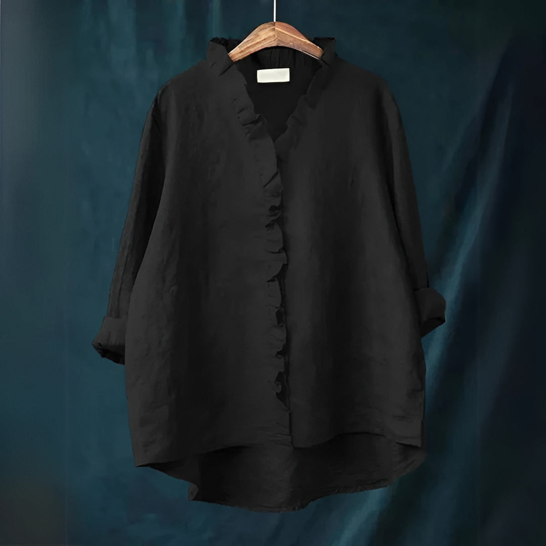 NOLA – RUFFLED BUTTON-FRONT LINEN BLOUSE